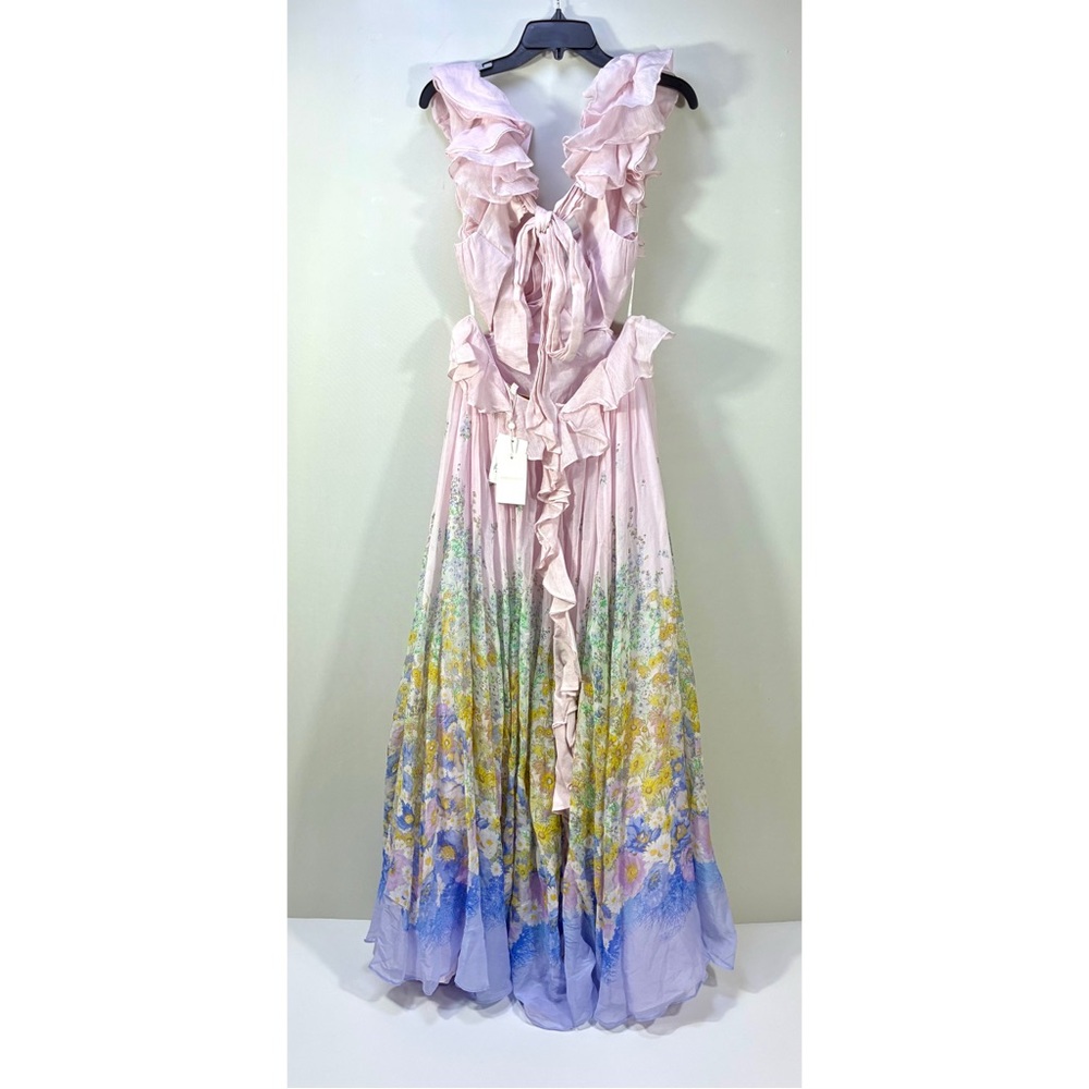 Zimmermann Floral Ruffle Linen & Silk Gown Maxi Dress Blue Meadow US 10 NWT - Picture 5 of 14